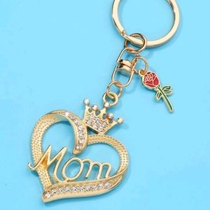 Mom Rhinestone Heart Charm Keychain